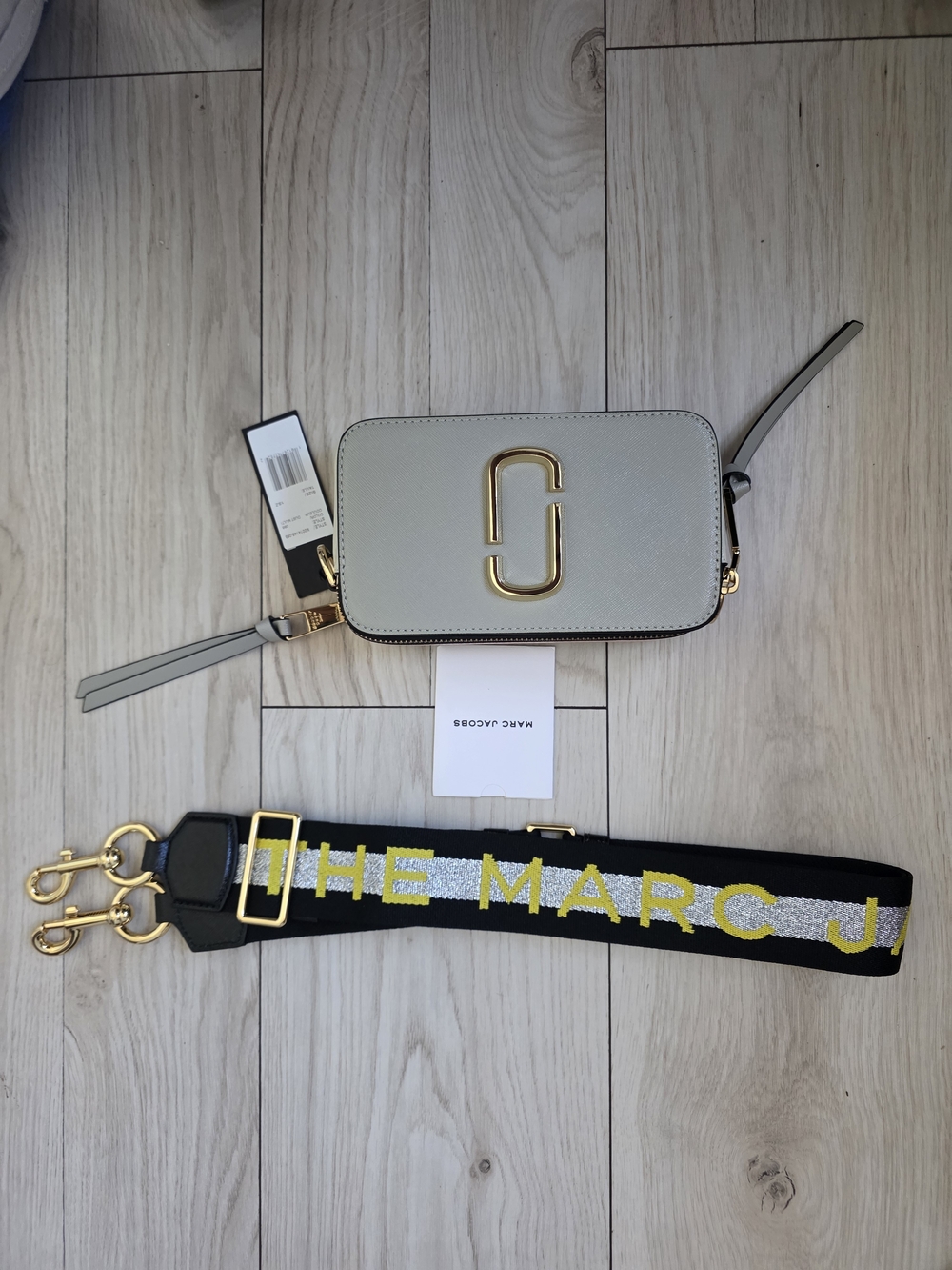Marc Jacobs Light Gray Snapshot Crossbody with Branded Black Strap